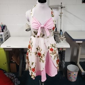 Pink Floral Halter Rockabilly Pinup Dress Size M